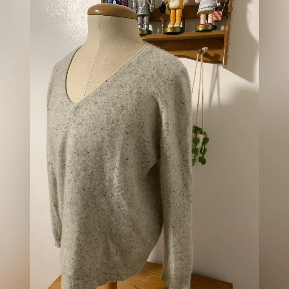 Charter Club Luxury 100% Cashmere V-Neck Sweater in Oatmeal Speckled Knit L